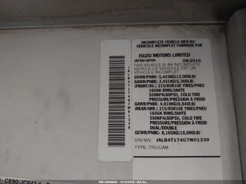 2016 Isuzu Npr VIN: JALB4T174G7W01339 Lot: 43948548