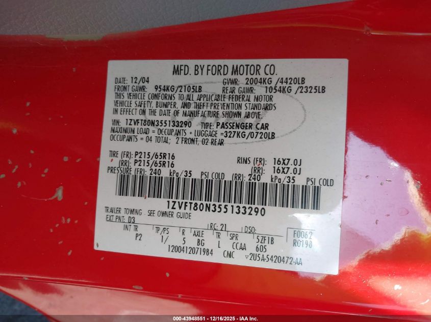 2005 Ford Mustang V6 Deluxe/V6 Premium VIN: 1ZVFT80N355133290 Lot: 43948551