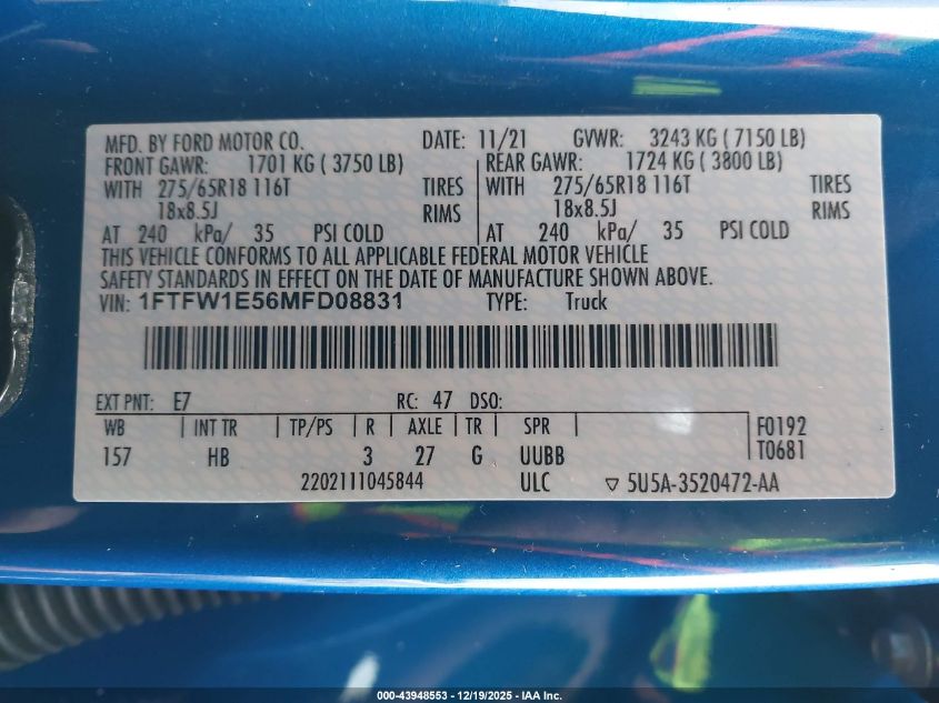 2021 Ford F-150 Lariat VIN: 1FTFW1E56MFD08831 Lot: 43948553