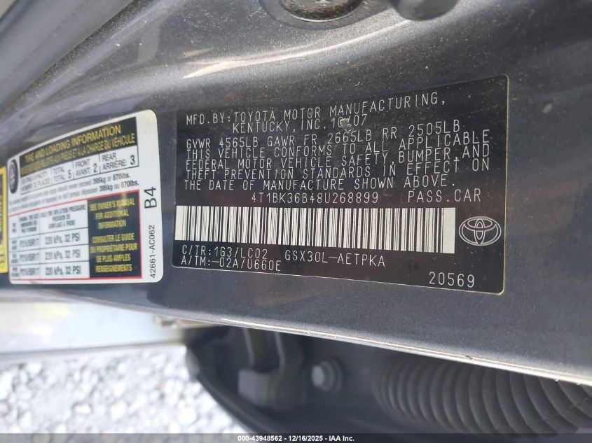 2008 Toyota Avalon Limited VIN: 4T1BK36B48U268899 Lot: 43948562