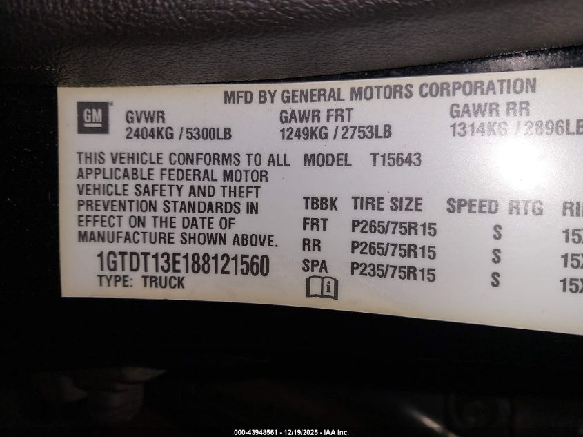 2008 GMC Canyon Sle2 VIN: 1GTDT13E188121560 Lot: 43948561