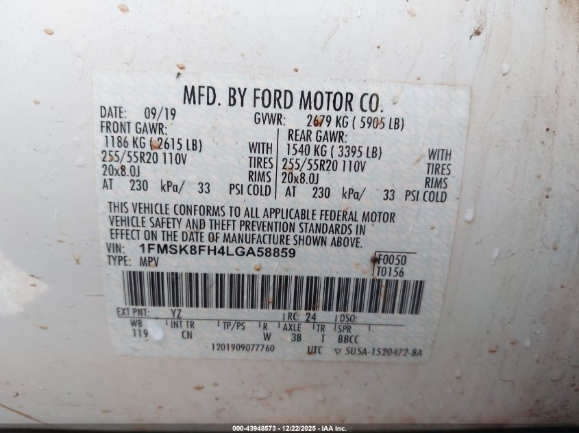 2020 Ford Explorer Limited VIN: 1FMSK8FH4LGA58859 Lot: 43948573