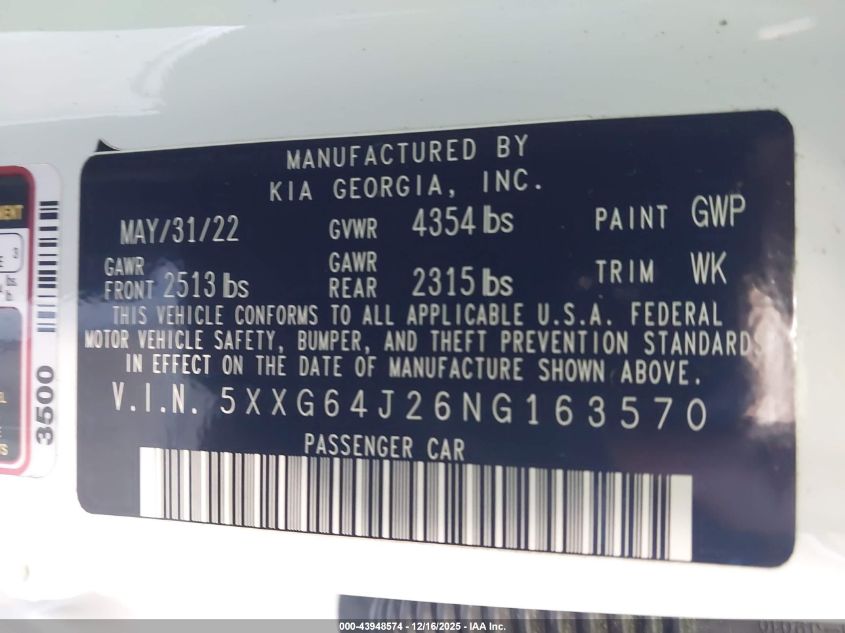 2022 Kia K5 Gt-Line VIN: 5XXG64J26NG163570 Lot: 43948574