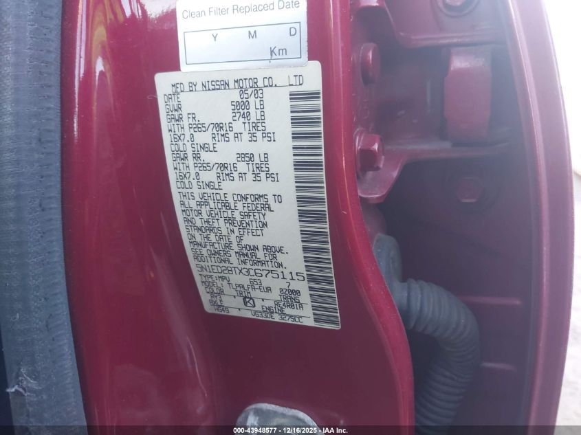 2003 Nissan Xterra Se VIN: 5N1ED28TX3C675115 Lot: 43948577