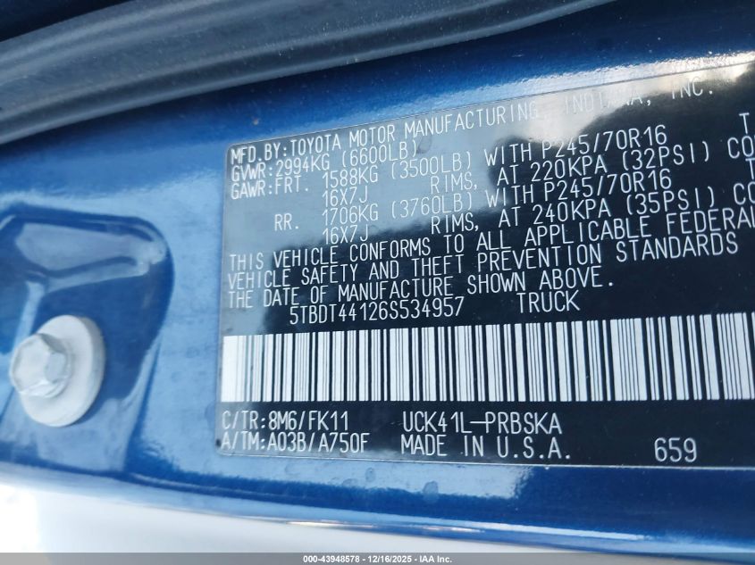 2006 Toyota Tundra Darrell Waltrip Edition VIN: 5TBDT44126S534957 Lot: 43948578