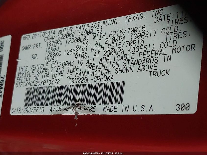 2012 Toyota Tacoma VIN: 5TFTX4CN2CX013478 Lot: 43948579