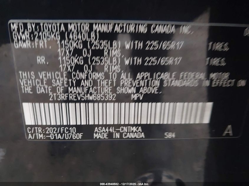 2017 Toyota Rav4 Xle VIN: 2T3RFREV5HW685392 Lot: 43948582