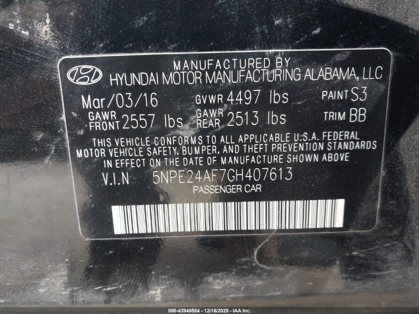 2016 Hyundai Sonata Se VIN: 5NPE24AF7GH407613 Lot: 43948584