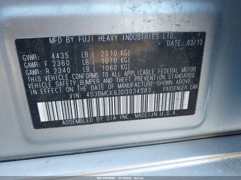2013 Subaru Legacy 2.5I Limited VIN: 4S3BMCK63D3034583 Lot: 43948585