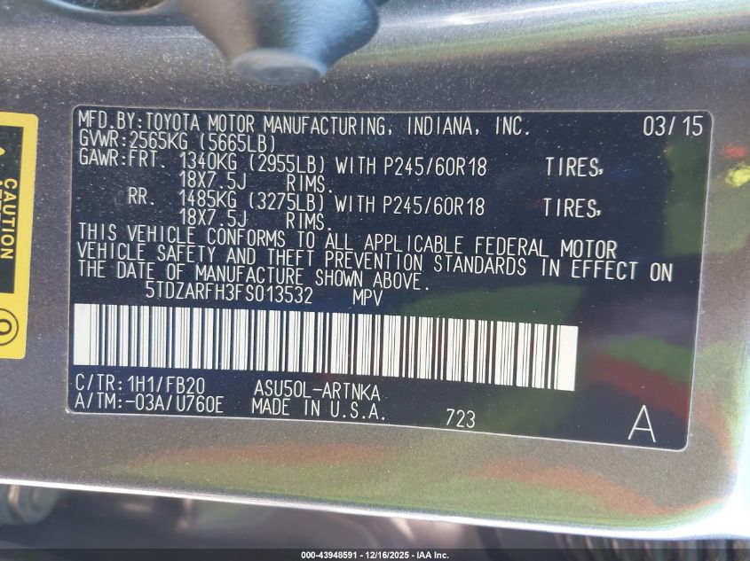 2015 Toyota Highlander Le VIN: 5TDZARFH3FS013532 Lot: 43948591