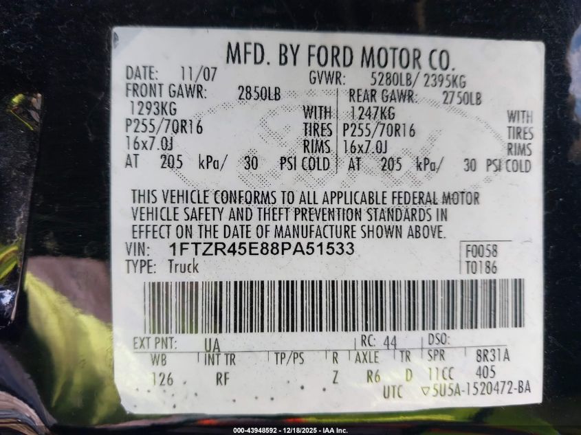 2008 Ford Ranger Fx4 Off-Road/Sport/Xlt VIN: 1FTZR45E88PA51533 Lot: 43948592