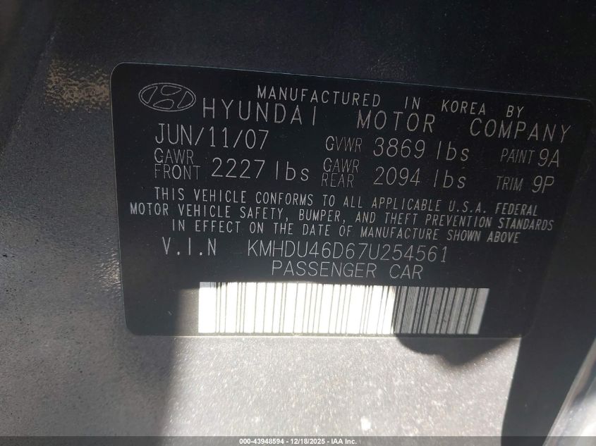 2007 Hyundai Elantra Gls/Limited/Se VIN: KMHDU46D67U254561 Lot: 43948594