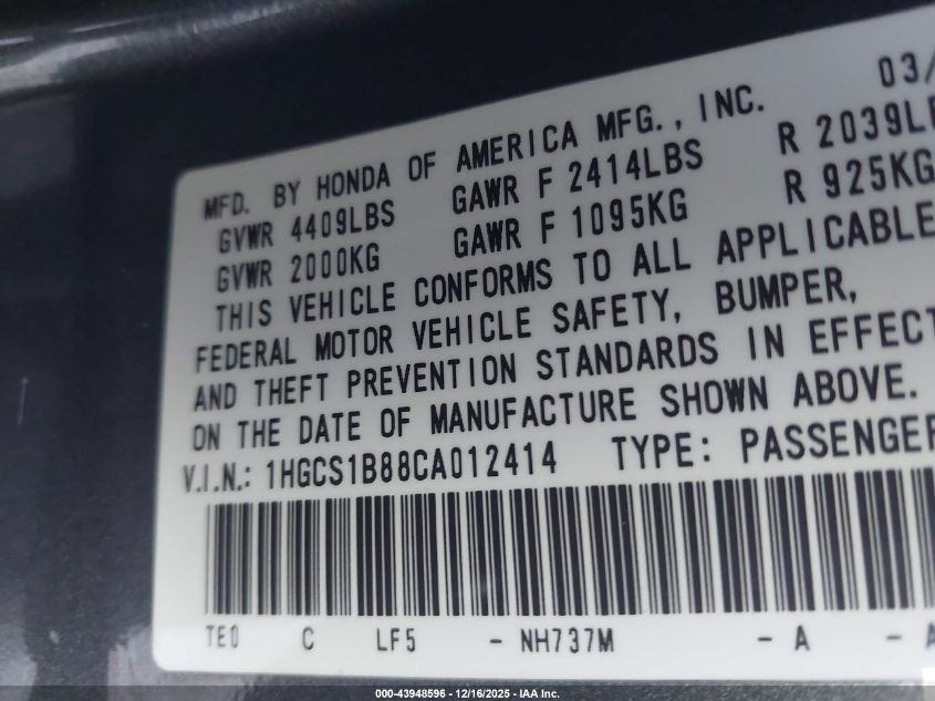 2012 Honda Accord 2.4 Ex-L VIN: 1HGCS1B88CA012414 Lot: 43948596