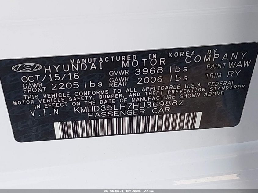 2017 Hyundai Elantra Gt VIN: KMHD35LH7HU369882 Lot: 43948598