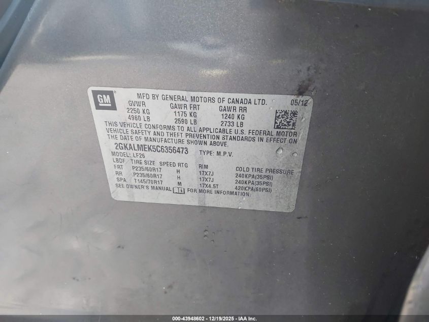 2012 GMC Terrain Sle-1 VIN: 2GKALMEK5C6356473 Lot: 43948602