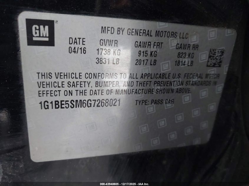 2016 Chevrolet Cruze Lt Auto VIN: 1G1BE5SM6G7268021 Lot: 43948605