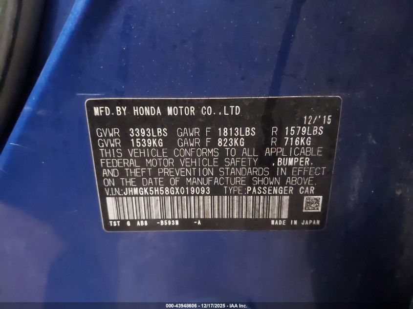 2016 Honda Fit Lx VIN: JHMGK5H58GX019093 Lot: 43948606