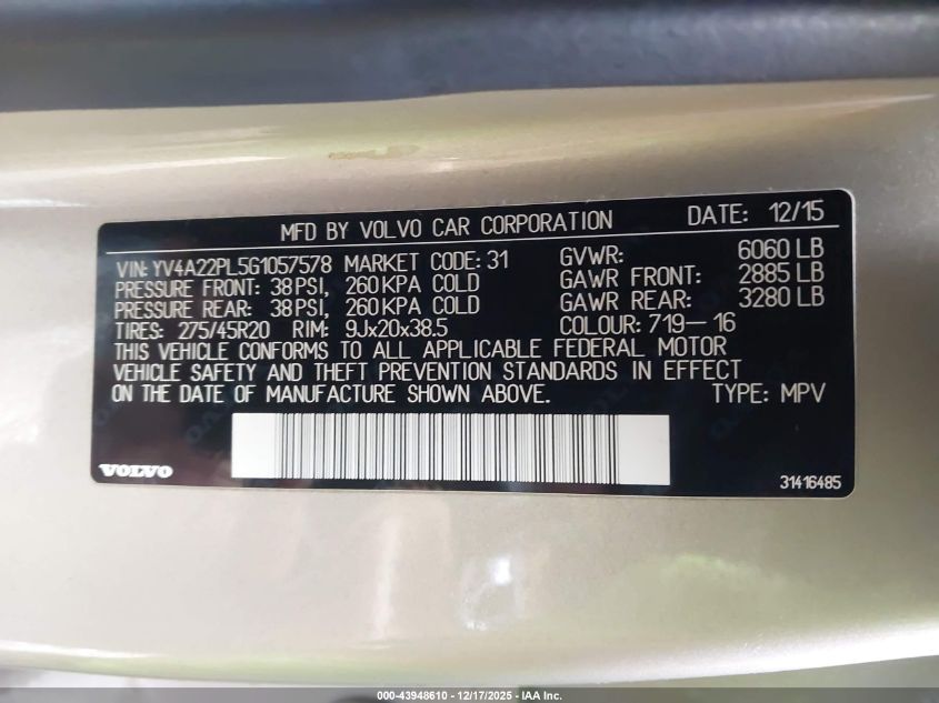 2016 Volvo Xc90 T6 Inscription VIN: YV4A22PL5G1057578 Lot: 43948610