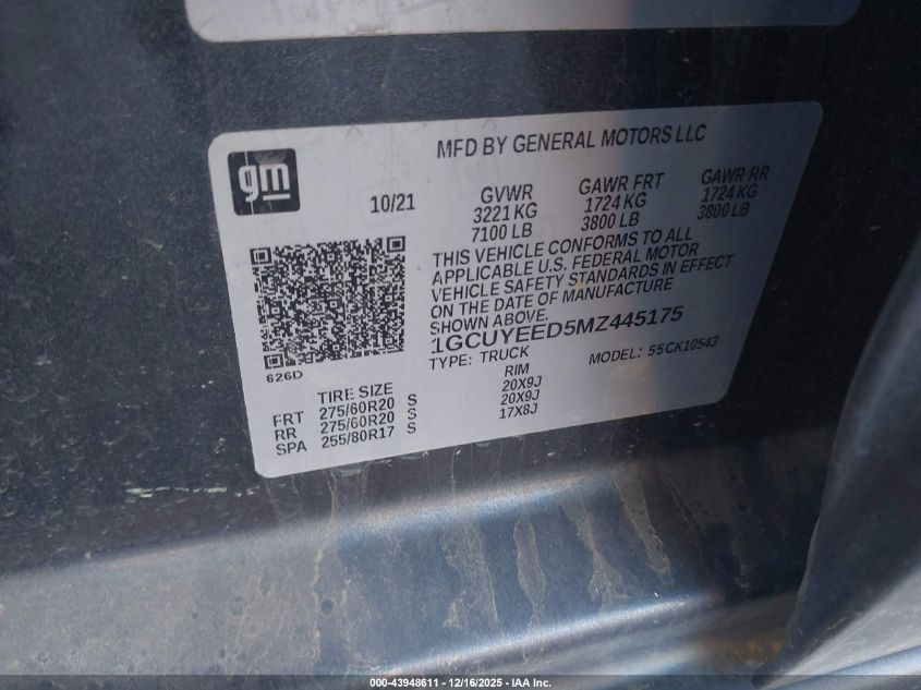 2021 Chevrolet Silverado 1500 4Wd Short Bed Rst VIN: 1GCUYEED5MZ445175 Lot: 43948611