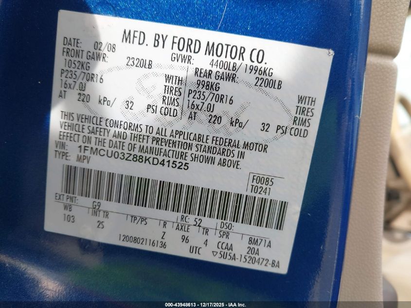 2008 Ford Escape Xlt VIN: 1FMCU03Z88KD41525 Lot: 43948613