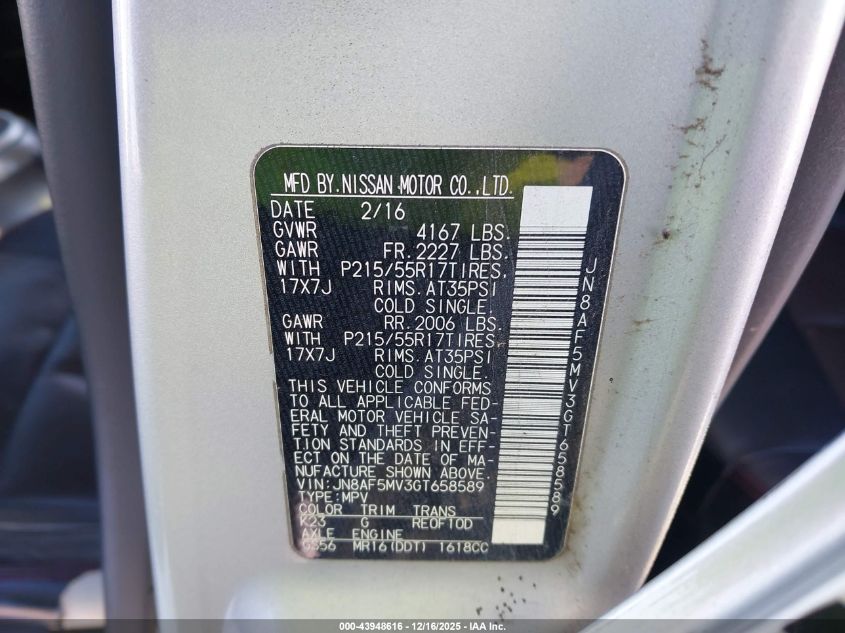 2016 Nissan Juke Sl VIN: JN8AF5MV3GT658589 Lot: 43948616