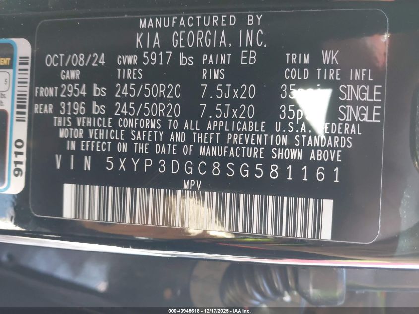 2025 Kia Telluride Ex VIN: 5XYP3DGC8SG581161 Lot: 43948618