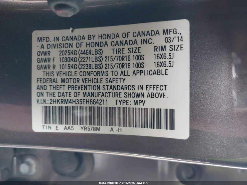 2014 Honda Cr-V Lx VIN: 2HKRM4H35EH664211 Lot: 43948620
