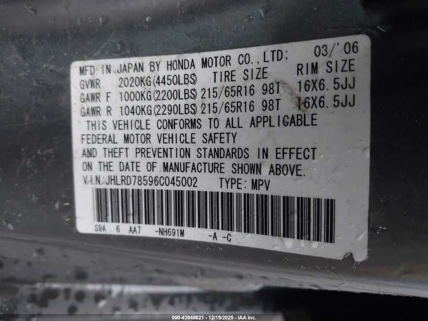 2006 Honda Cr-V Lx VIN: JHLRD78596C045002 Lot: 43948621