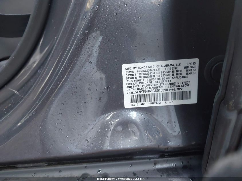 2016 Honda Pilot Ex-L VIN: 5FNYF6H69GB010390 Lot: 43948623