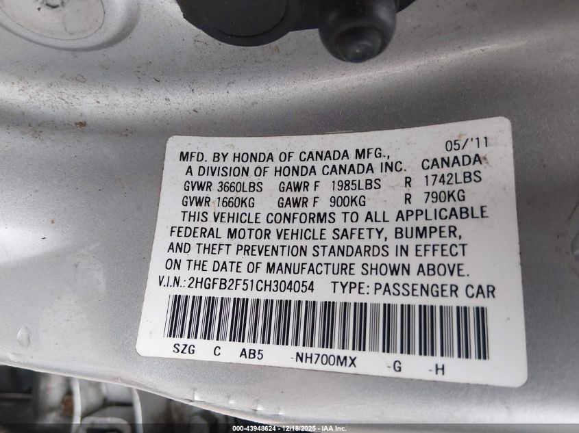 2012 Honda Civic Lx VIN: 2HGFB2F51CH304054 Lot: 43948624