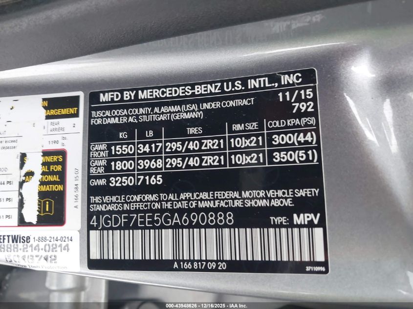 2016 Mercedes-Benz Amg Gl 63 4Matic VIN: 4JGDF7EE5GA690888 Lot: 43948626