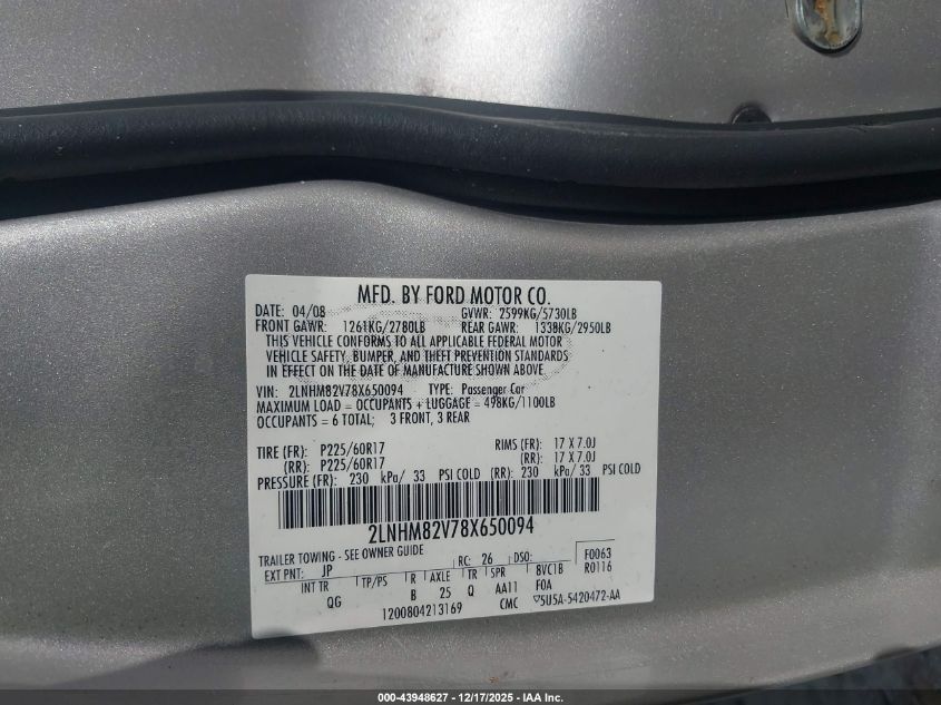2008 Lincoln Town Car Signature Limited VIN: 2LNHM82V78X650094 Lot: 43948627