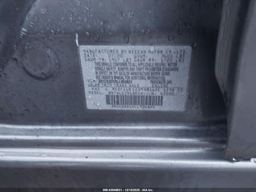 2020 Nissan Versa S Xtronic Cvt VIN: 3N1CN8DVXLL904824 Lot: 43948631