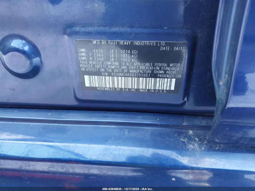 2011 Subaru Legacy 2.5I VIN: 4S3BMCA60B3252351 Lot: 43948630