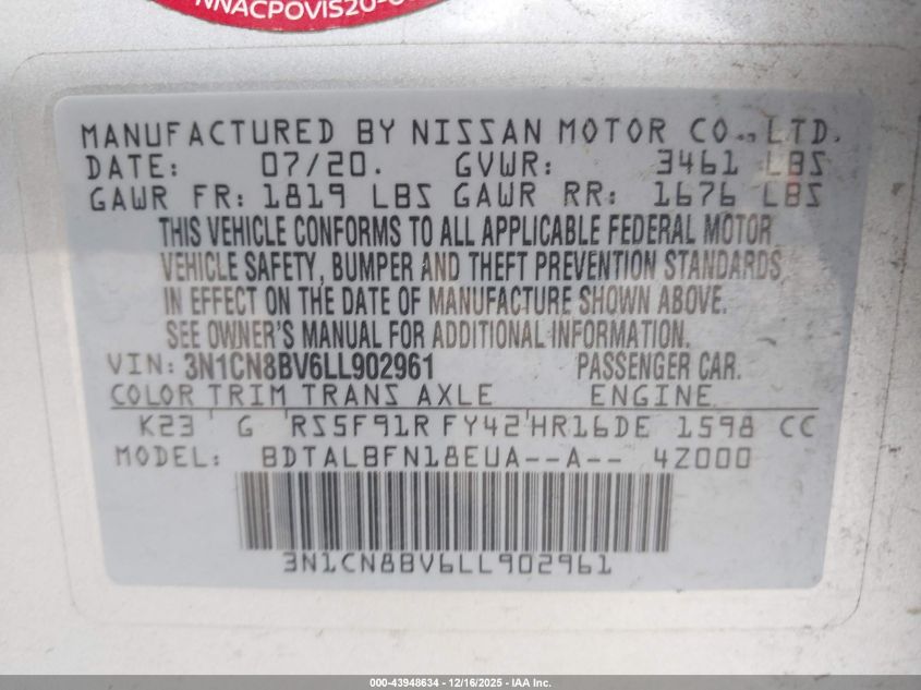 2020 Nissan Versa S 5-Speed Manual Transmission VIN: 3N1CN8BV6LL902961 Lot: 43948634