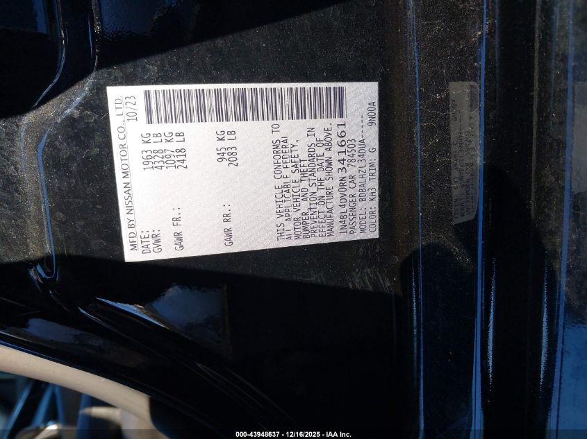 2024 Nissan Altima Sv Fwd VIN: 1N4BL4DV0RN341661 Lot: 43948637