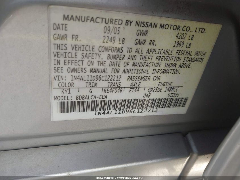 2006 Nissan Altima 2.5 S VIN: 1N4AL11D96C122212 Lot: 43948638
