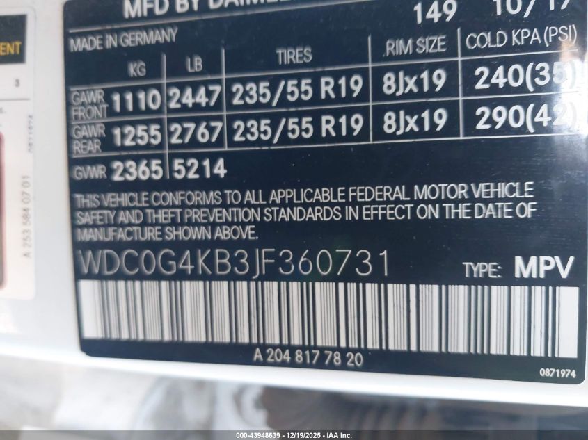 2018 Mercedes-Benz Glc 300 4Matic VIN: WDC0G4KB3JF360731 Lot: 43948639