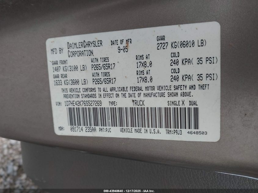 2006 Dodge Dakota Slt VIN: 1D7HE42K76S527269 Lot: 43948640