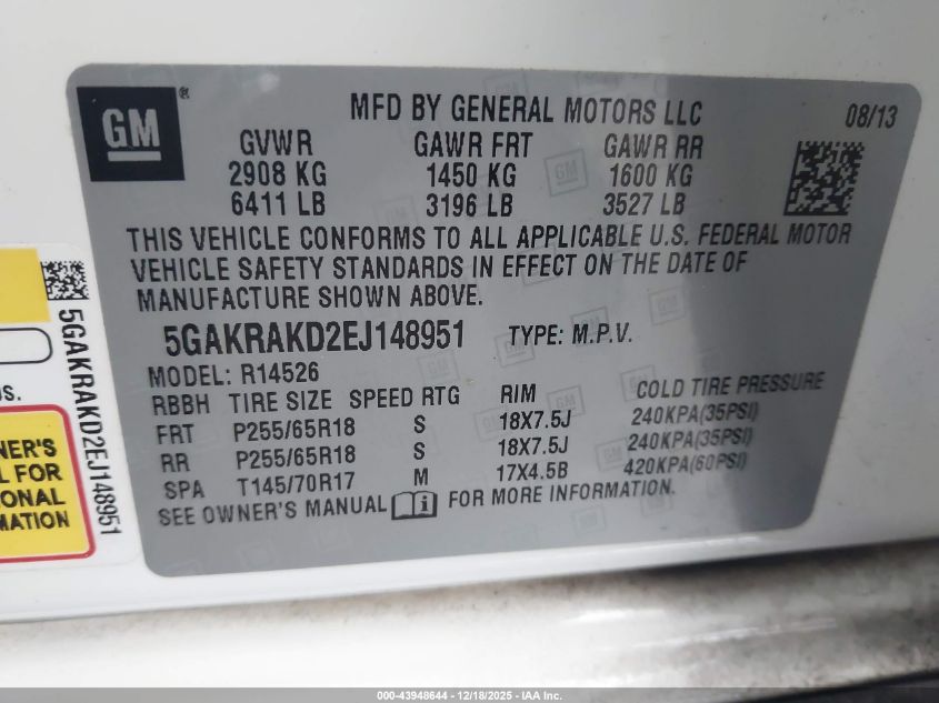 2014 Buick Enclave Convenience VIN: 5GAKRAKD2EJ148951 Lot: 43948644