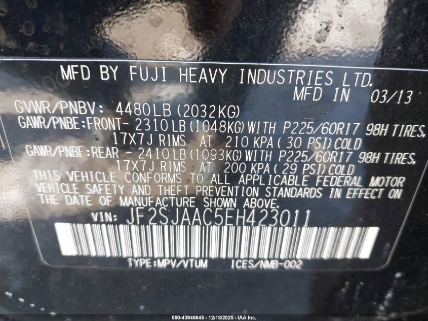 2014 Subaru Forester 2.5I VIN: JF2SJAAC5EH423011 Lot: 43948645