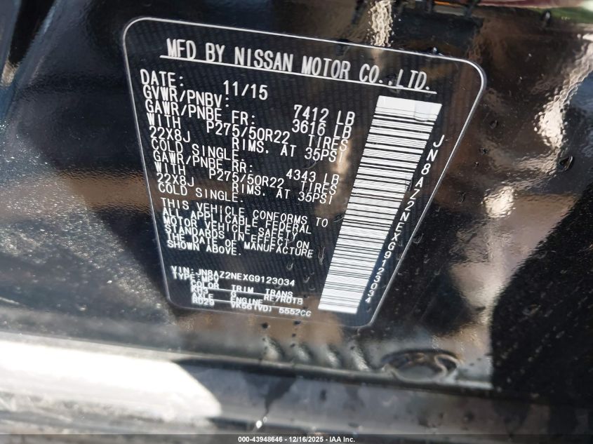 2016 Infiniti Qx80 VIN: JN8AZ2NEXG9123034 Lot: 43948646