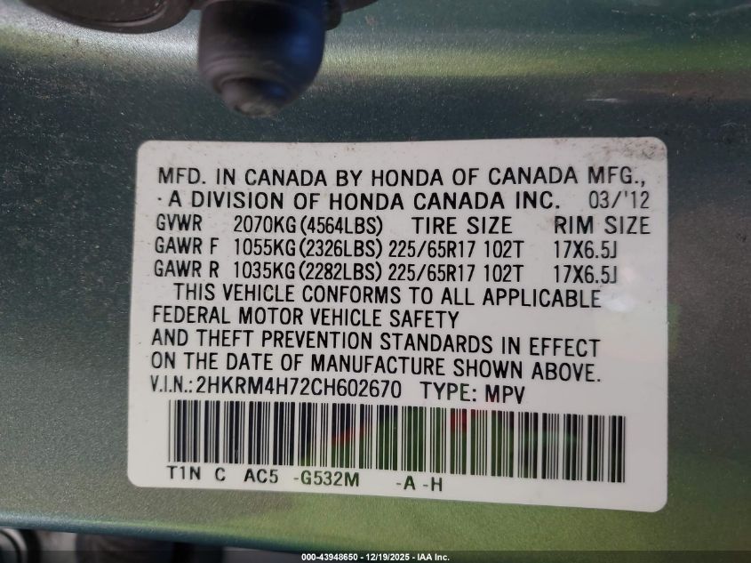2012 Honda Cr-V Ex-L VIN: 2HKRM4H72CH602670 Lot: 43948650