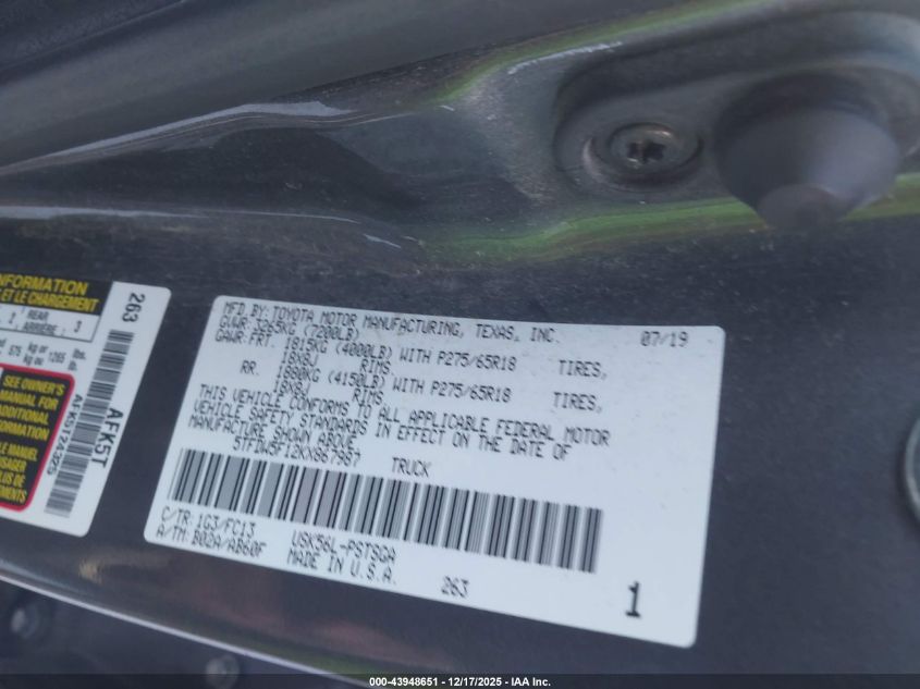 2019 Toyota Tundra Sr5 5.7L V8 VIN: 5TFDW5F12KX867987 Lot: 43948651