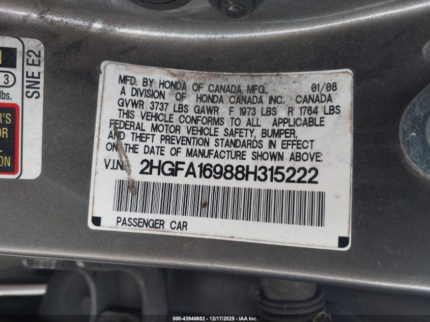 2008 Honda Civic Ex-L VIN: 2HGFA16988H315222 Lot: 43948652