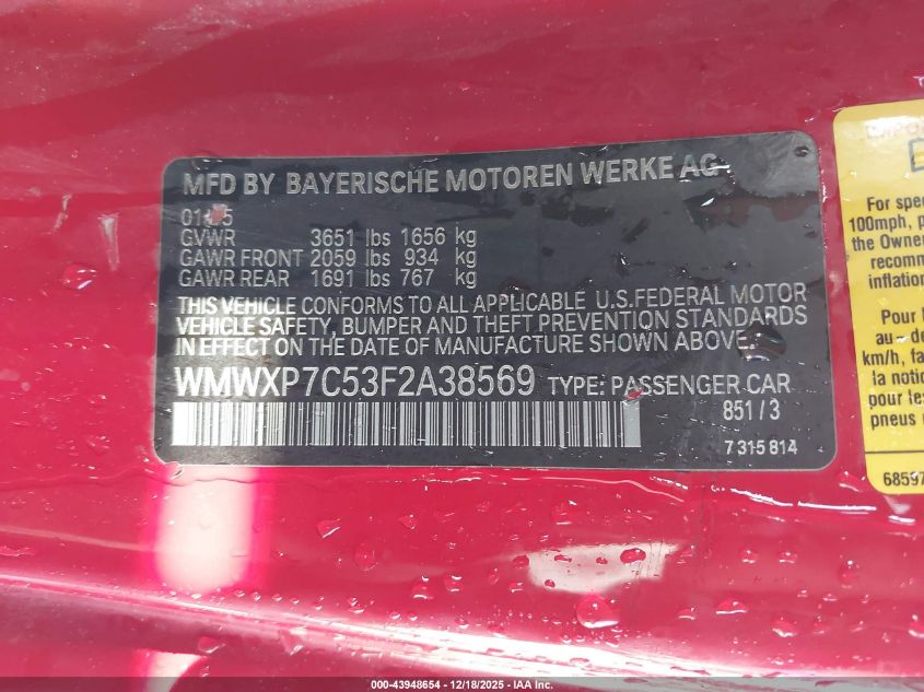 2015 Mini Hardtop Cooper S VIN: WMWXP7C53F2A38569 Lot: 43948654