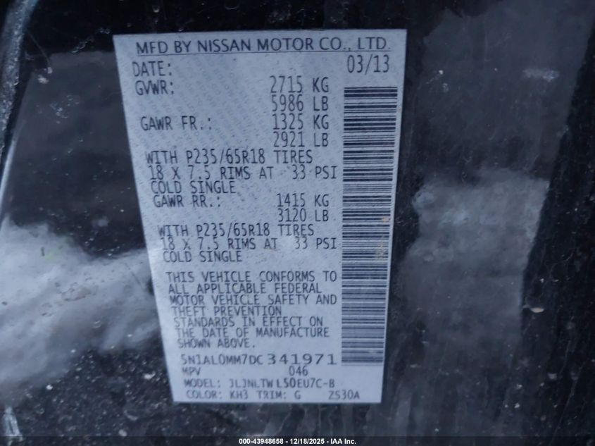 2013 Infiniti Jx35 VIN: 5N1AL0MM7DC341971 Lot: 43948658