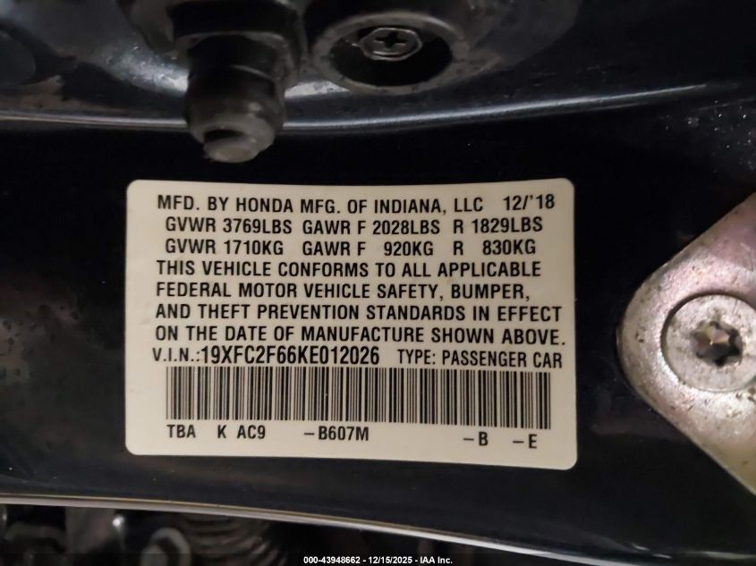 2019 Honda Civic Lx VIN: 19XFC2F66KE012026 Lot: 43948662