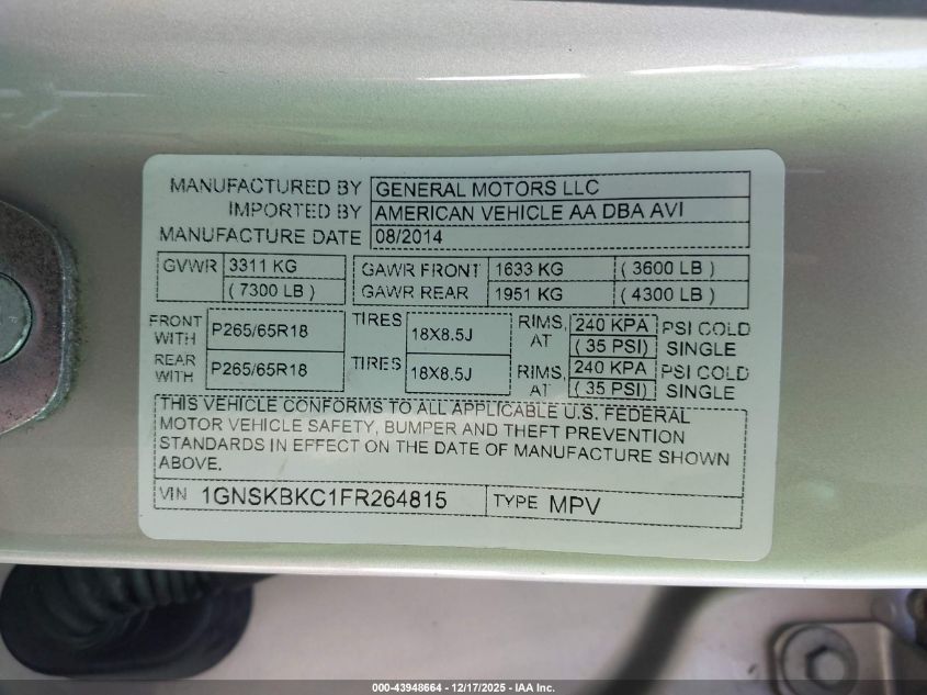 2015 Chevrolet Tahoe Lt VIN: 1GNSKBKC1FR264815 Lot: 43948664