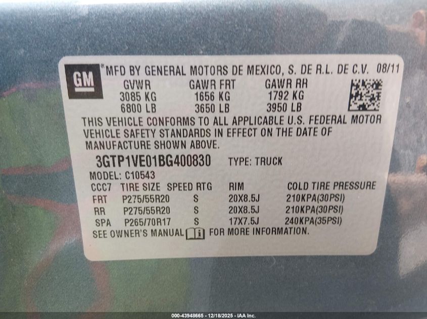 2011 GMC Sierra 1500 Sle VIN: 3GTP1VE01BG400830 Lot: 43948665